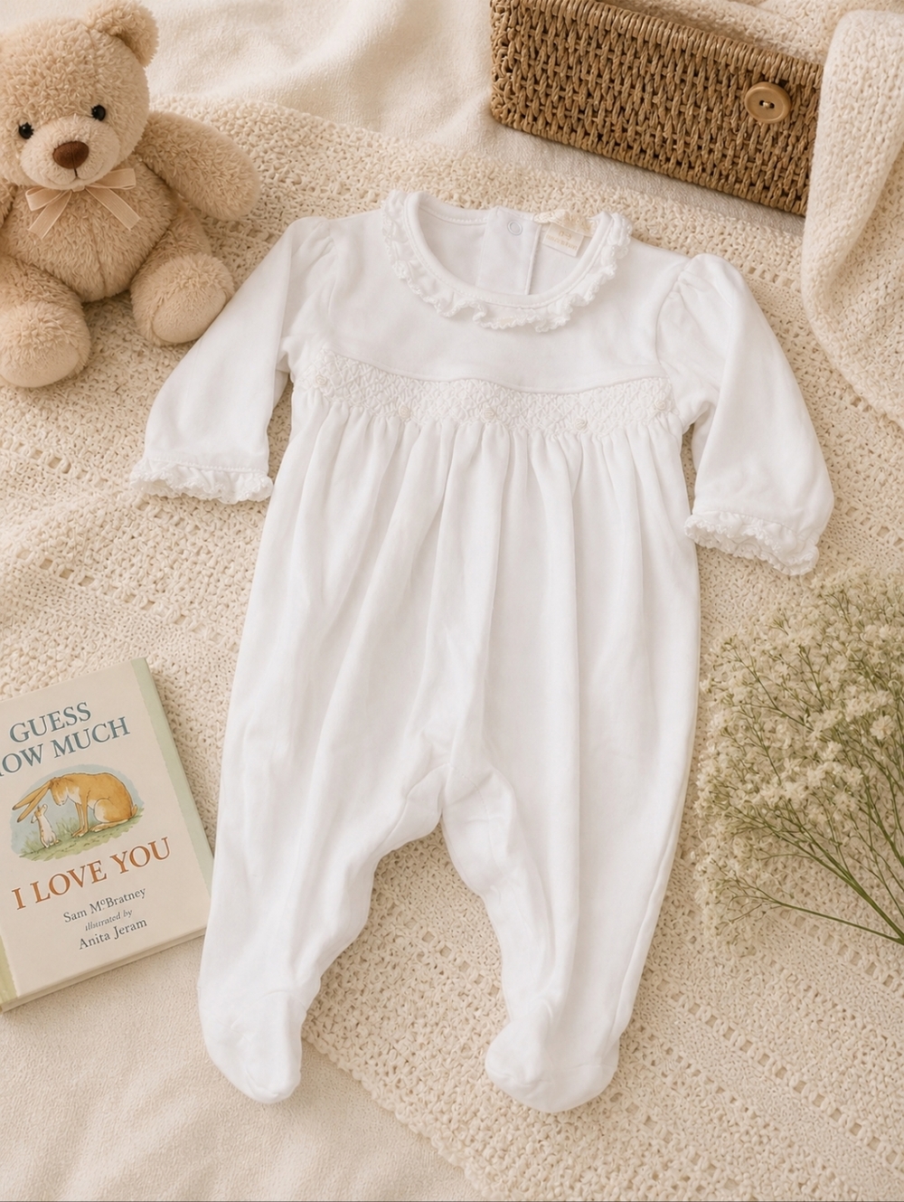 🤍 Kissy Kissy White Pima Cotton Footie | 0–3M Classic Smocked Luxe